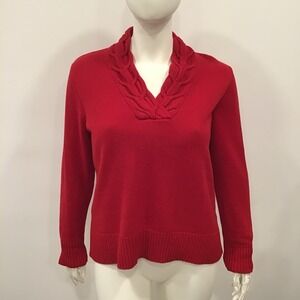 Chaps Womens 1X Red Cotton Sweater Braided Vneck Pullover long sleeve